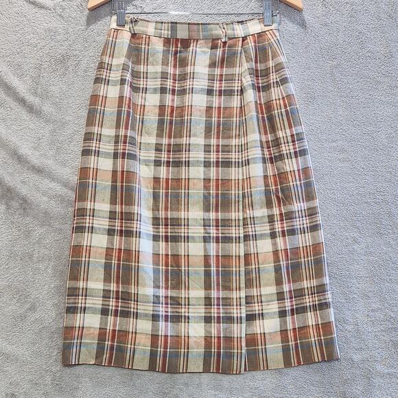 Pendleton Dresses & Skirts - Vintage Pendleton Womens Flax Blend Plaid Faux Wrap Midi Skirt Size 8 Academia